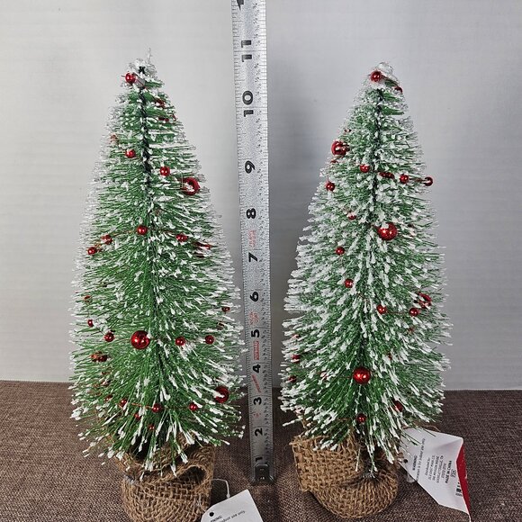 2 Holiday Style 11" Green Bottle Brush Trees With White Tips & Red Bead Garland - Picture 6 of 9